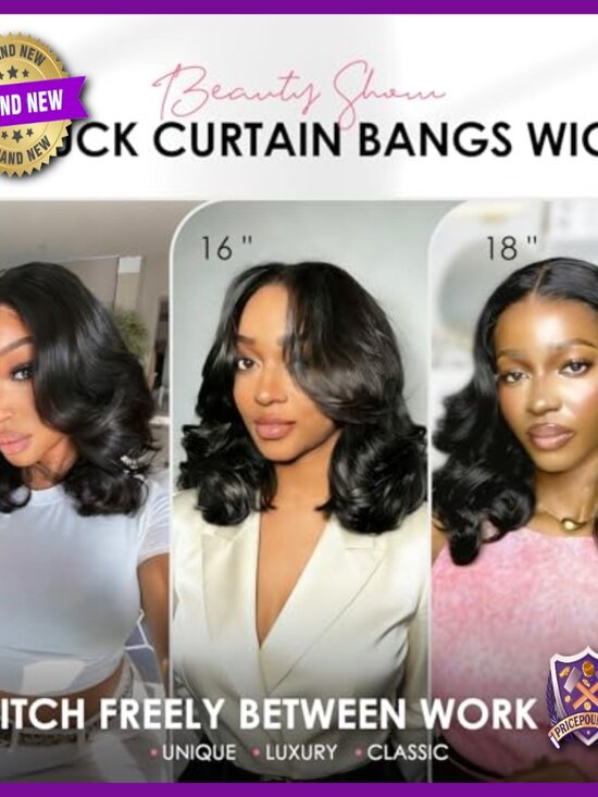 250 Density Human Hair Bob Wig with Curtain Bangs 14 Inch Glueless main image 4